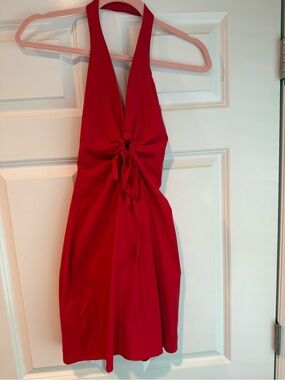 Juniper Blu Red Halter Mini Dress with front tying keyhole